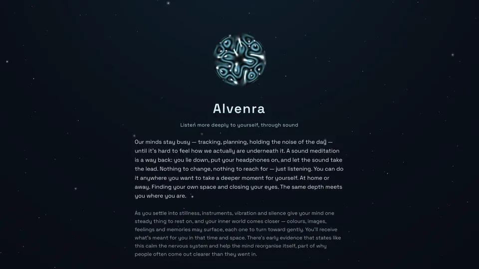 Alvenra intro: a cymatics orb over a night sky.
