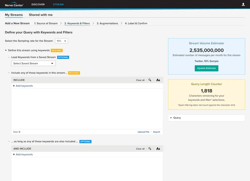 Creating a new stream, step 2 of 4: include, and-include and exclude keywords, with a stream volume estimator and query length counter.