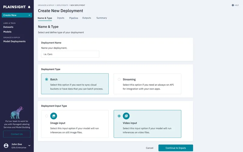 Plainsight new deployment with batch or streaming choices.