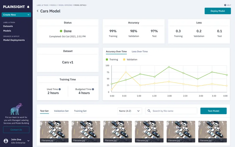 Plainsight model details with accuracy, loss and training time.