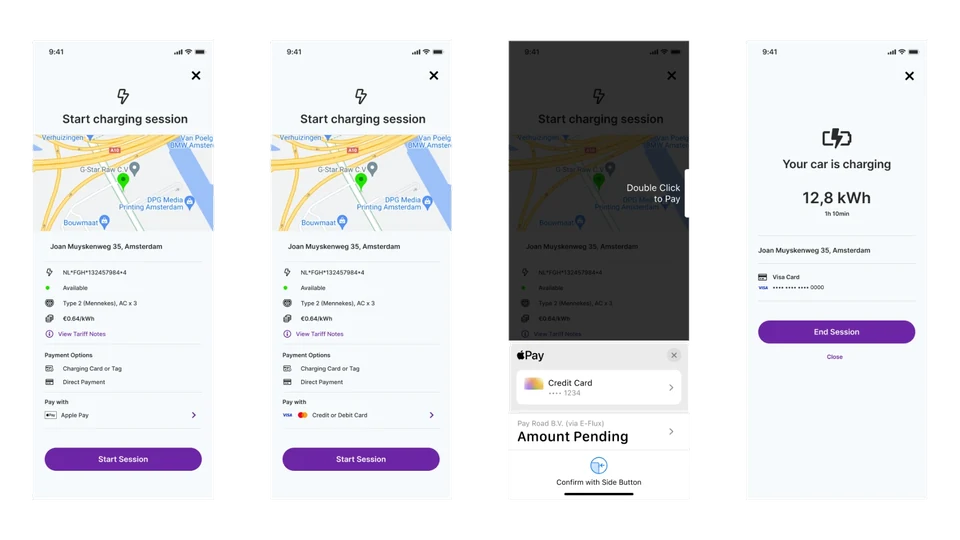 Starting a charging session with Apple Pay or a card, confirming the payment, and the charging screen with an End Session button.