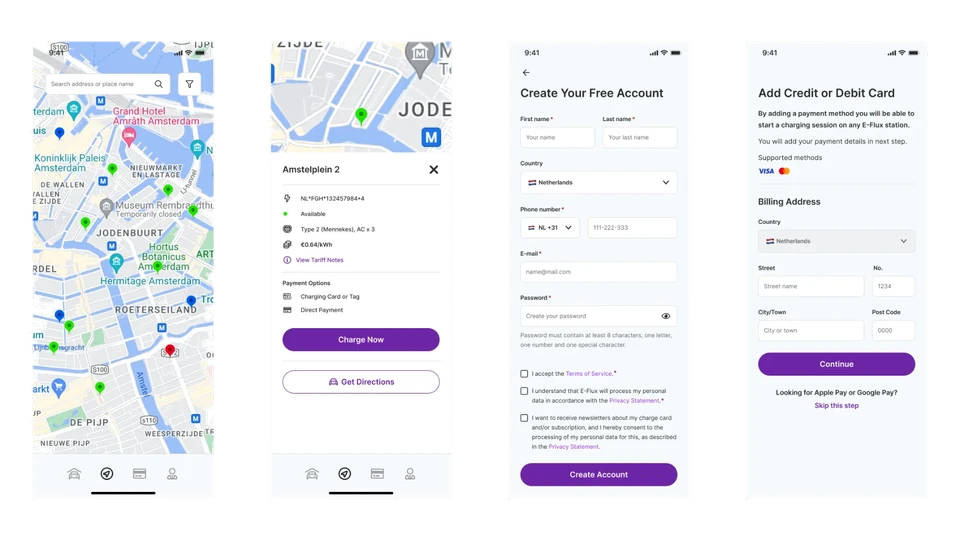 Station map, station details with price and payment options, account sign-up, and adding a credit or debit card.