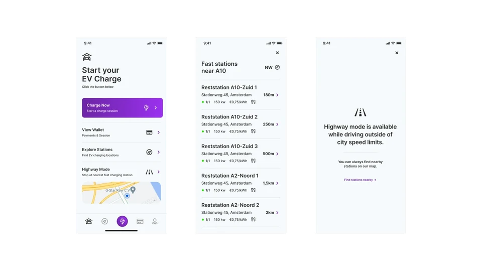 Home screen with Highway Mode, a list of fast stations near the A10, and the message shown when driving inside city speed limits.